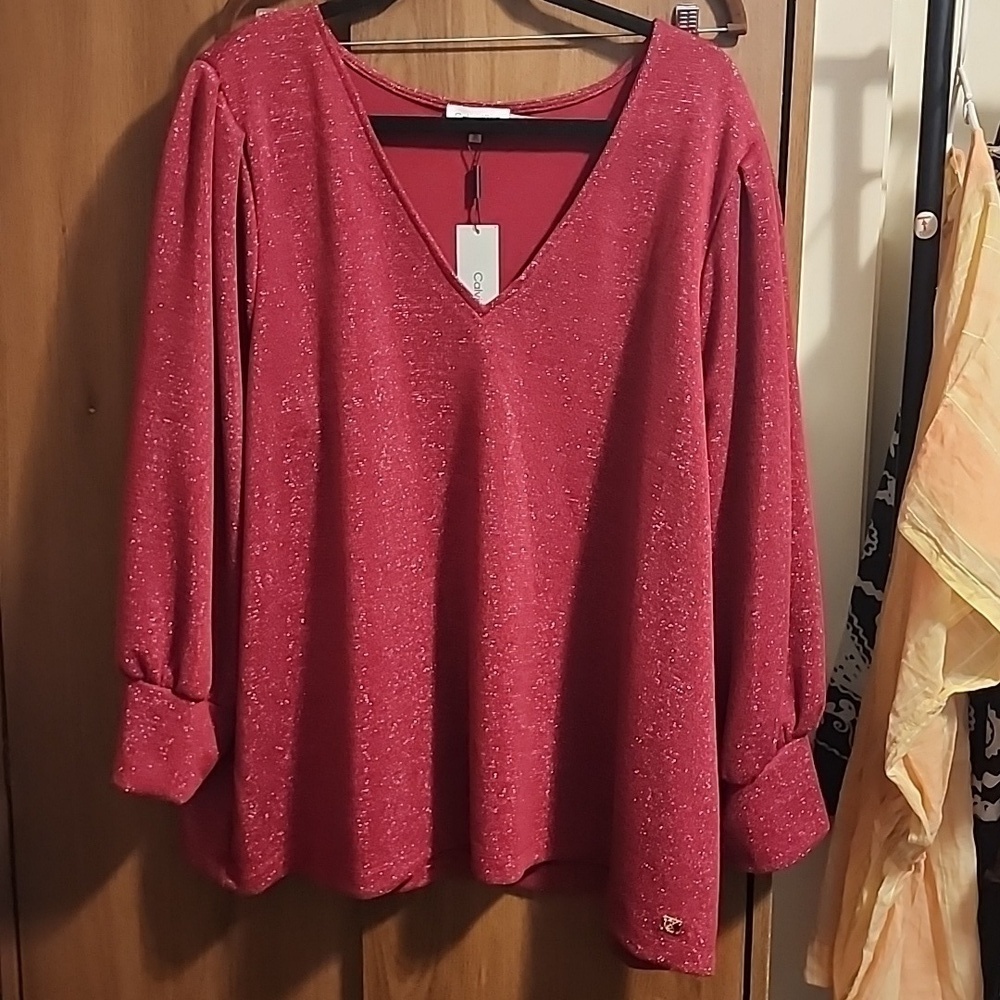 Calvin Klein 3x NWT Elegant Metallic V-Neck Sweater Cranberry ✨️ ♥️